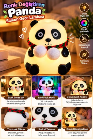 Sevimli Panda Silikon Gece Lambası Renkli Işık Modu Dokunmatik Kontrollü Aydınlatma