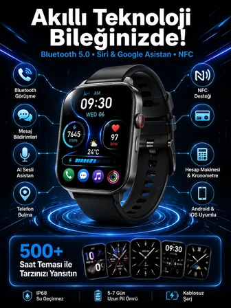 Akıllı Saat Tema Değiştirme Uyku Ve Sağlık Takibi Sesli Asistan Bildirim Görme Yeni Nesil