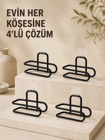 Delmeden Monte Tuvalet Kağıdı Askısı Siyah Metal Yapışkanlı Banyo Kağıtlığı 4’lü Set