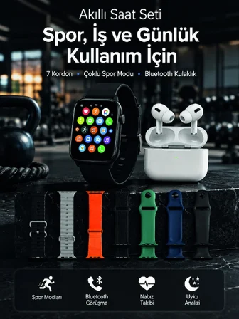 Akıllı Saat, Bluetooth Kulaklık Ve 7 Farklı Kordon Tek Kutuda Günlük Kullanım Ve Spor İçin