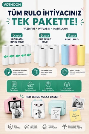 13’lü Mini Yazıcı Termal Rulo Seti Çocuk Kamera Baskı Kağıdı 5 Yapışkanlı 5 Düz Beyaz 3 Renkli