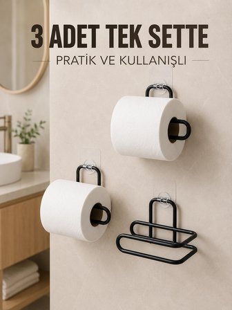 3 Adet Siyah Rulo Kağıt Tutucu Yapışkanlı Duvar Tipi Pratik Kağıtlık Seti