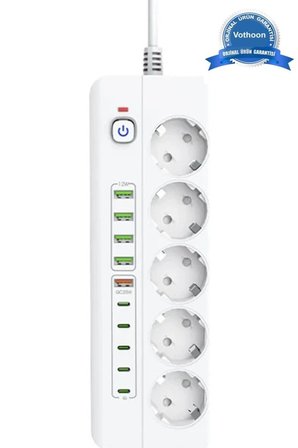 3500w Akım Korumalı 5’li Grup Priz: 5x Usb + 5x Type-c Çıkışlı (2 Metre)