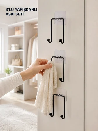 3'lü Duvar Tipi Yapışkanlı Askılık Ev Ve Yaşam Alanları İçin Pratik Set