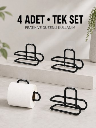 Duvara Yapışkanlı Wc Kağıtlık Siyah Metal 4 Adet Tuvalet Kağıdı Rulo Askısı
