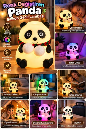 Renkli Işık Modlu Silikon Panda Gece Lambası Dokunmatik Kontrollü Sevimli Dekoratif