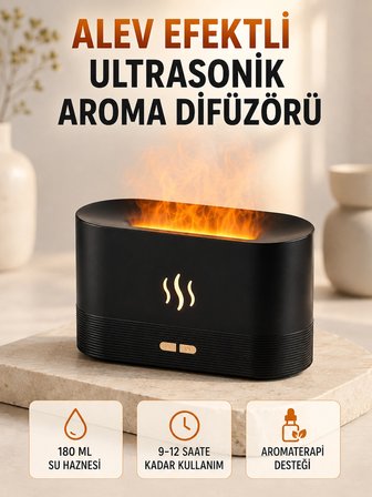 Ultrasonik Aromaterapi Difüzörü 180 Ml Hazneli Dekoratif Alev Efektli Nemlendirici