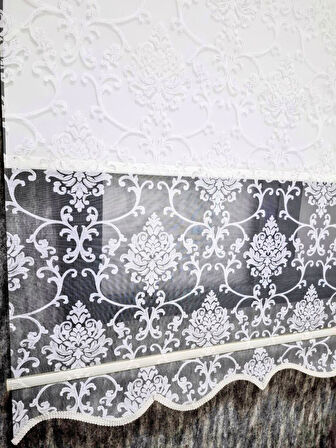 BBB Simli Damask Desenli Çift Mekanizmalı Tül Stor Perde Ekru MT1018S