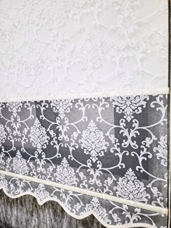 BBB Simli Damask Desenli Çift Mekanizmalı Tül Stor Perde Ekru MT1018S