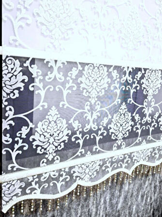 BBB Simli Boncuklu Damask Desenli Çift Mekanizmalı Tül Stor Perde Ekru MT1018SB