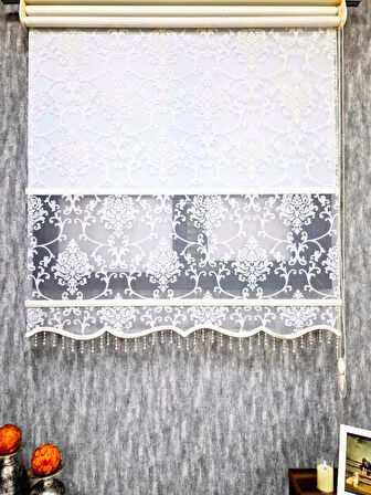 BBB Simli Boncuklu Damask Desenli Çift Mekanizmalı Tül Stor Perde Ekru MT1018SB