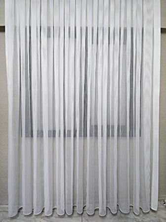 Kalın Çizgili Gümüş Simli Tül Perde Ekru 1 e 2,5 Pileli ET4010GUMUS