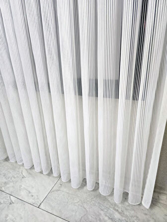 Kalın Çizgili Gümüş Simli Tül Perde Ekru 1 e 2,5 Pileli ET4010GUMUS