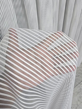 Kalın Çizgili Gümüş Simli Tül Perde Ekru 1 e 2,5 Pileli ET4010GUMUS