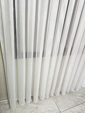 Kalın Çizgili Gümüş Simli Tül Perde Ekru 1 e 3 Pileli ET4010GUMUS