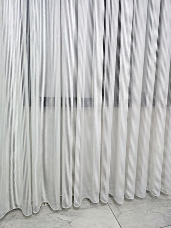 Kalın Çizgili Sedef Simli Tül Perde Ekru 1 e 2,5 Pileli ET4010SEDEF