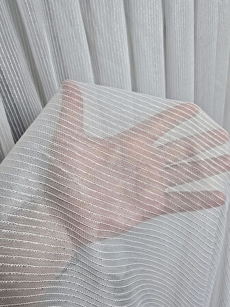 Çizgili Gümüş Simli Tül Perde Ekru 1 e 3 Pileli ET4020GUMUS