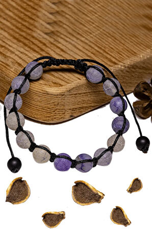 Sertifikalı Açık Mor Gri Akik Taşı Bileklik - Makrome