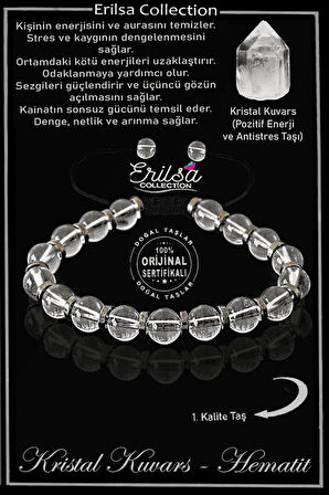 Sertifikalı Gerçek Hematit - Kristal Kuvars Taşı Bileklik - Ayarlamalı