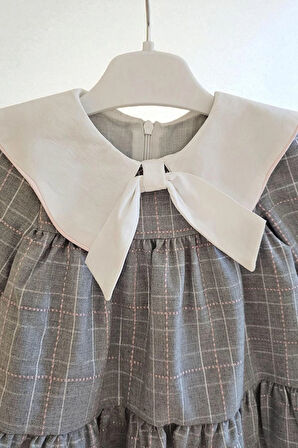 Kız Bebek Yaka Detaylı Ekose Elbise