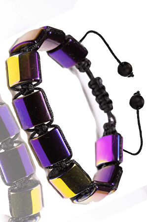 Sertifikalı Kare Sarı Mor Hematit Taşı Bileklik - Makrome