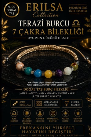 Sertifikalı Terazi Burcu 7 Çakra Doğal Taş Bileklik -Ayarlamalı Unisex Lüks Hem Bileklik Hem Halhal