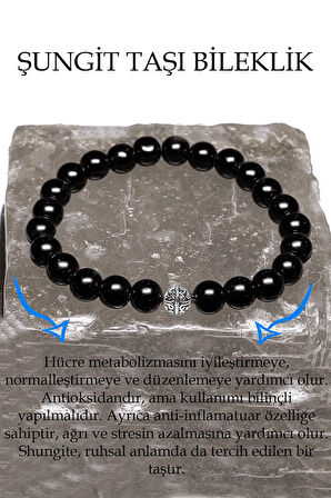 Sertifikalı A Kalite Shungite - Şungit Taşı Bileklik - Gümüş Aparatlı