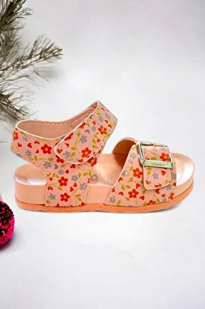 Pembe Çiçek Baskılı Tokalı Kız Çoçuk Sandalet