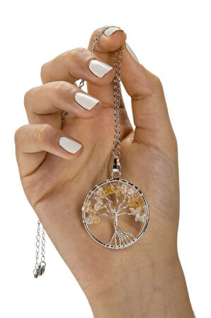 Sertifikalı Doğal Sitrin Taşı Hayat Ağacı Kolye Doğal Renk Renk Universal Beden 50 cm Beden Sarı Renk