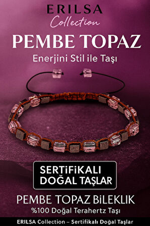 Sertifikalı Küp Kesim Terahertz - Pembe Topaz Doğal Taş Bileklik - İnce Model