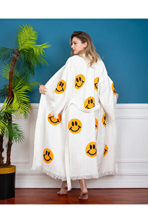 Müslin Kimono %100 Pamuklu Gülen Emoji Desenli Bornoz Kaftan Sabahlık