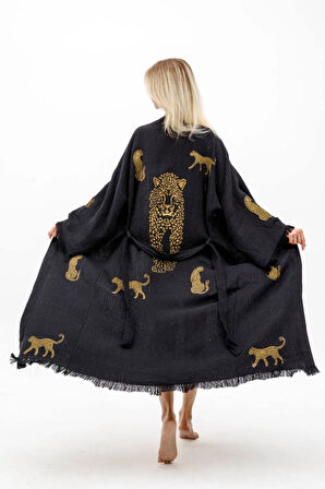 Müslin Kimono %100 Pamuklu Leopar Baskılı Desenli Bornoz Kaftan Sabahlık