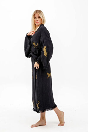 Müslin Kimono %100 Pamuklu Leopar Baskılı Desenli Bornoz Kaftan Sabahlık