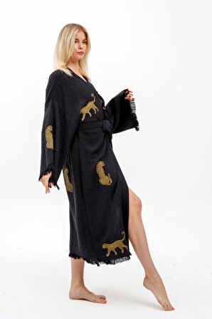 Müslin Kimono %100 Pamuklu Leopar Baskılı Desenli Bornoz Kaftan Sabahlık