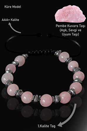 Sertifikalı Gerçek Hematit - Pembe Kuvars Taşı Bileklik