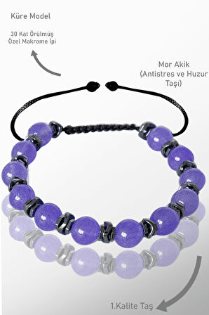 Sertifikalı Gerçek Hematit - Mor Akik Taşı Bileklik