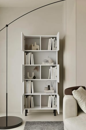 Hitit Beyaz Kitaplık 175 cm - Vitrin - Gümüşlük (100% MDF) Metal Ayak