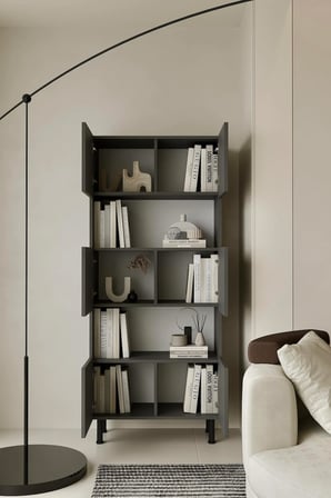 Hitit Gri Kitaplık 175 cm - Vitrin - Gümüşlük (100% MDF) Metal Ayak