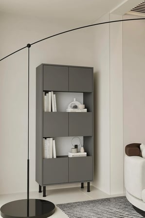 Hitit Gri Kitaplık 175 cm - Vitrin - Gümüşlük (100% MDF) Metal Ayak