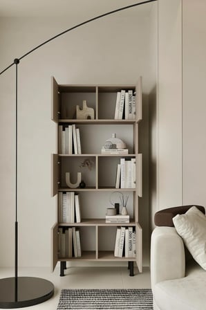 Hitit Kumtaşı Bej Kitaplık 175 cm - Vitrin - Gümüşlük (100% MDF) Metal Ayak