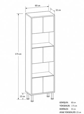 Hitit Kumtaşı Bej Kitaplık 175 cm - Vitrin - Gümüşlük (100% MDF) Metal Ayak