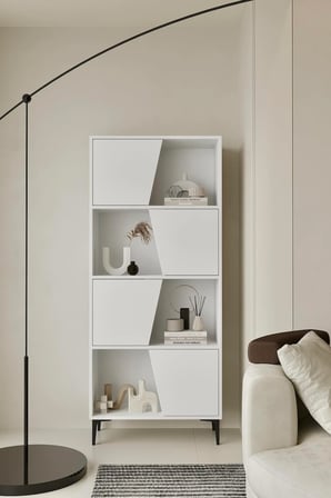 Roma Beyaz Kitaplık 175 cm - Vitrin - Gümüşlük (100% MDF) Metal Ayak