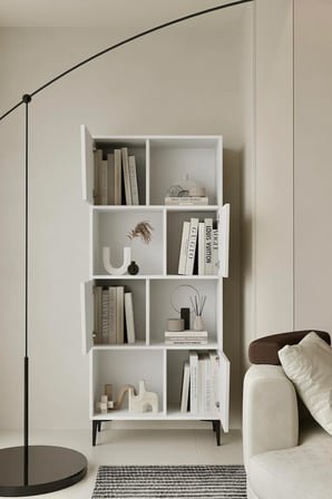 Roma Beyaz Kitaplık 175 cm - Vitrin - Gümüşlük (100% MDF) Metal Ayak