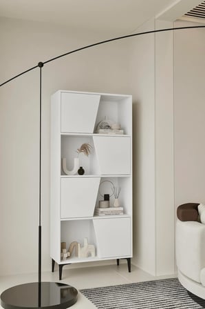 Roma Beyaz Kitaplık 175 cm - Vitrin - Gümüşlük (100% MDF) Metal Ayak