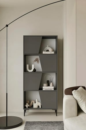 Roma Gri Kitaplık 175 cm - Vitrin - Gümüşlük (100% MDF) Metal Ayak