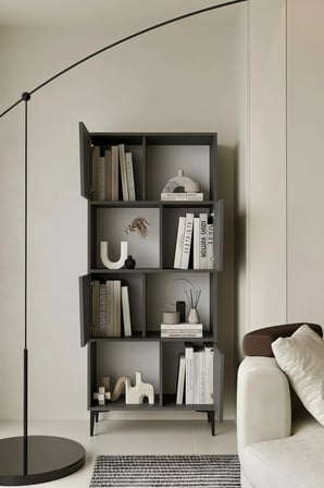 Roma Gri Kitaplık 175 cm - Vitrin - Gümüşlük (100% MDF) Metal Ayak