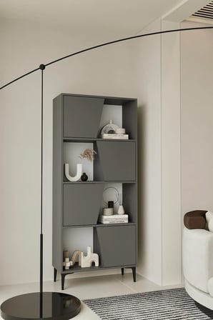 Roma Gri Kitaplık 175 cm - Vitrin - Gümüşlük (100% MDF) Metal Ayak