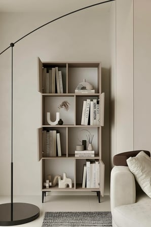 Roma Kumtaşı Bej Kitaplık 175 cm - Vitrin - Gümüşlük (100% MDF) Metal Ayak