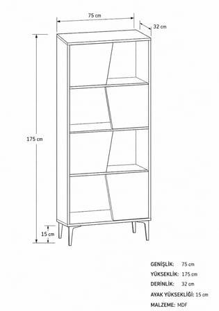 Roma Kumtaşı Bej Kitaplık 175 cm - Vitrin - Gümüşlük (100% MDF) Metal Ayak