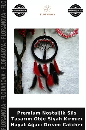 Premium Nostaljik Süs Tasarım Obje Siyah Kırmızı Hayat Ağacı Dream Catcher